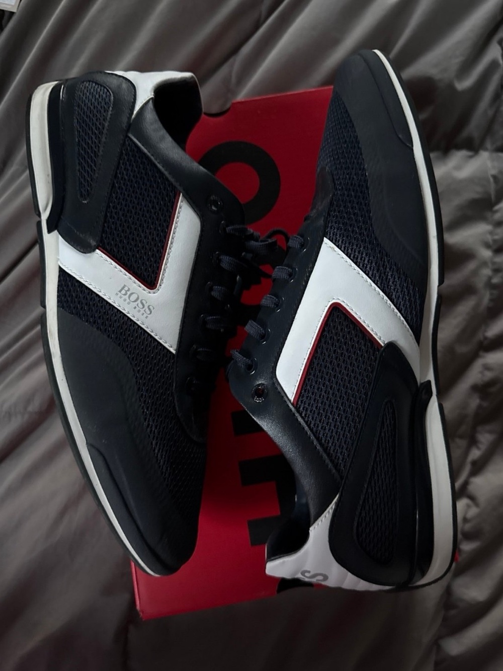 BOSS Navy, White and Red Athletic Lace-Up Sneakers